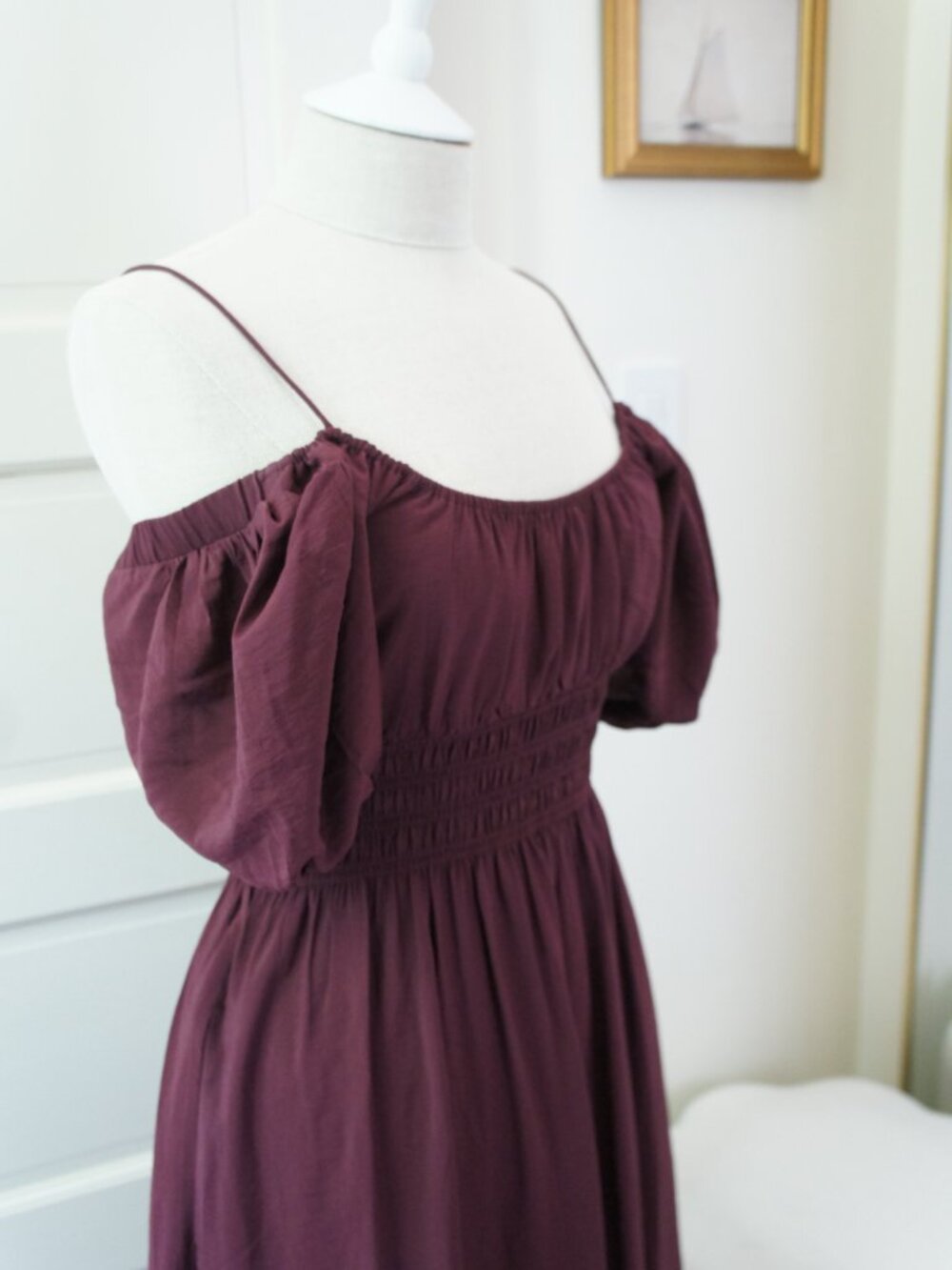 Abercrombie Long Burgundy Smocked Off the Shoulder Peasant Dress Size Small - Picture 6 of 10